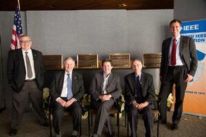 From left to right: 2014 IEEE North Jersey Section chair Russell Pepe, 2013 IEEE president Peter Staecker, president of Alcatel-Lucent Bell Labs Marcus Weldon, 2007 IEEE president Lewis Terman, and 2015 IEEE North Jersey Section chair Adriann Wijngaarden.